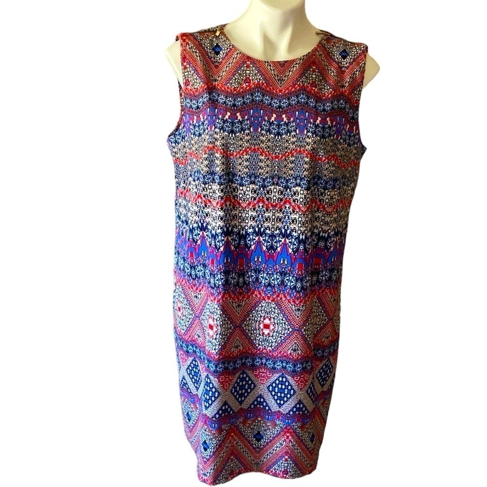 AB Studio Red and Blue Sleeveless Zipper Detail Tribal Shift Dress Plus Size